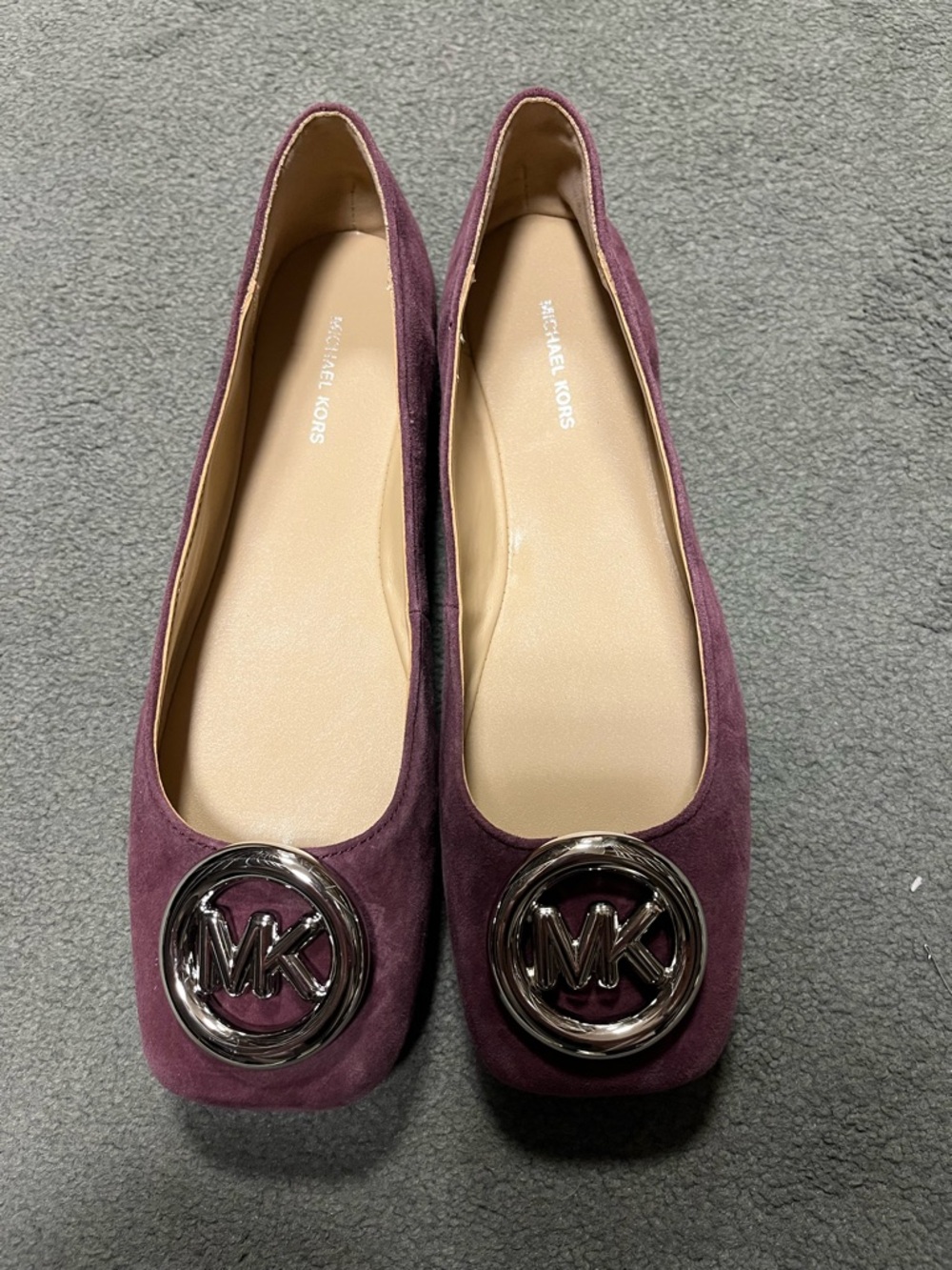 Michael Kors Suede Ballet Flats in Plum with Silver MK Emblem